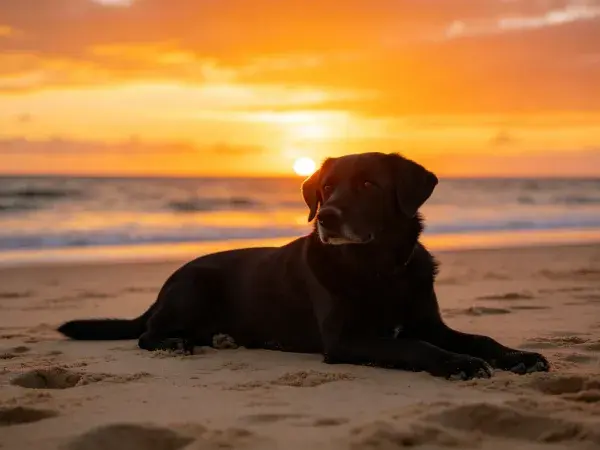 沙滩日落下的拉布拉多犬