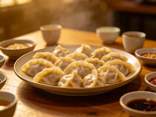 餐桌上锅贴与蘸料组合场景