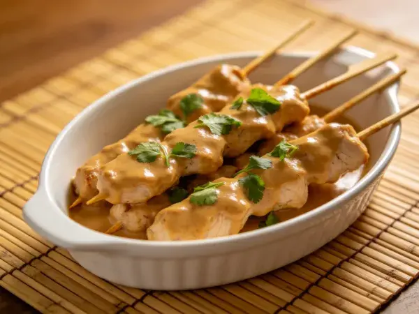 东南亚风味鸡肉沙爹串摆盘场景