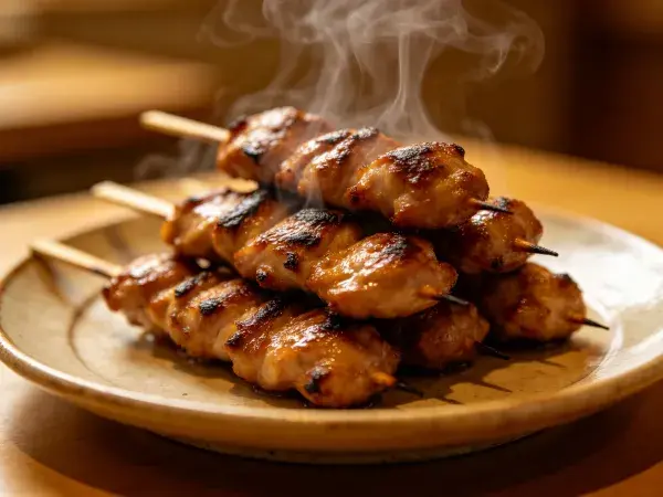 照烧鸡肉串的摆盘场景