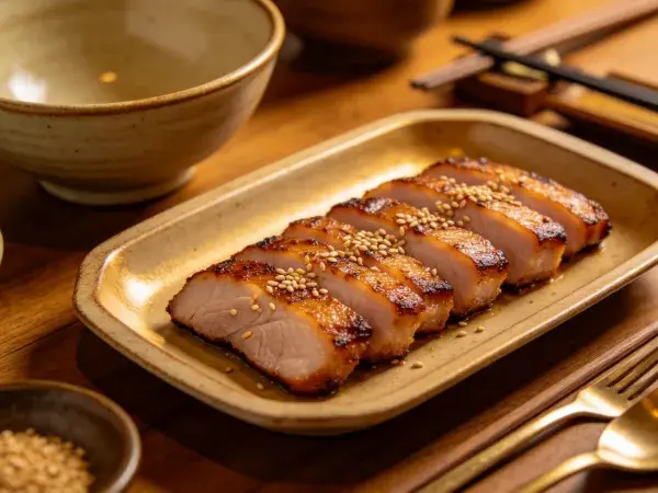 香煎猪肉片的精致摆盘场景