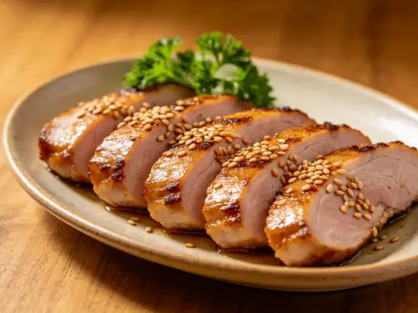 餐盘中照烧肉片的状态捕捉