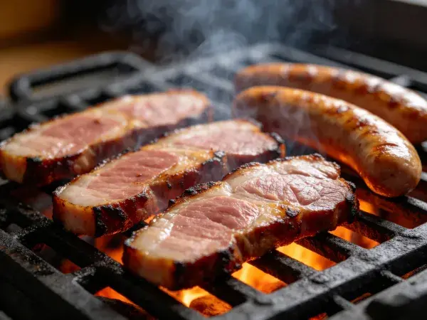 香煎猪肉片与香肠烧烤场景