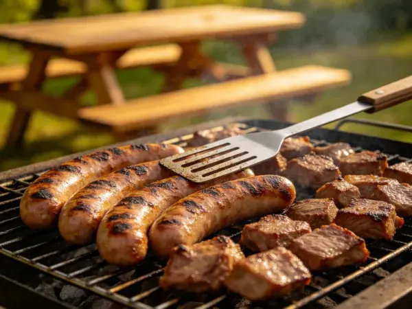 烤香肠与烤肉块烧烤场景