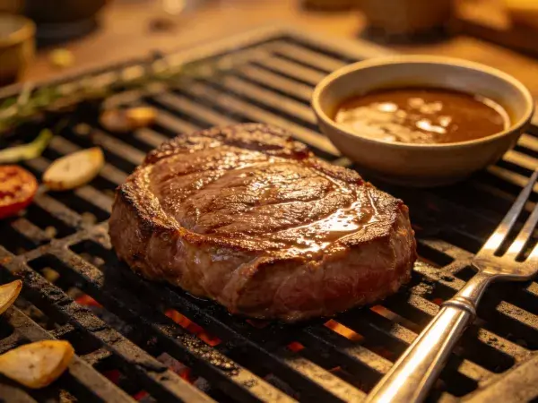 香煎肋眼牛排的烹饪瞬间
