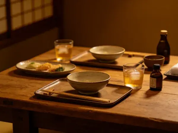木制餐桌上的日式陶瓷餐具与餐食布置
