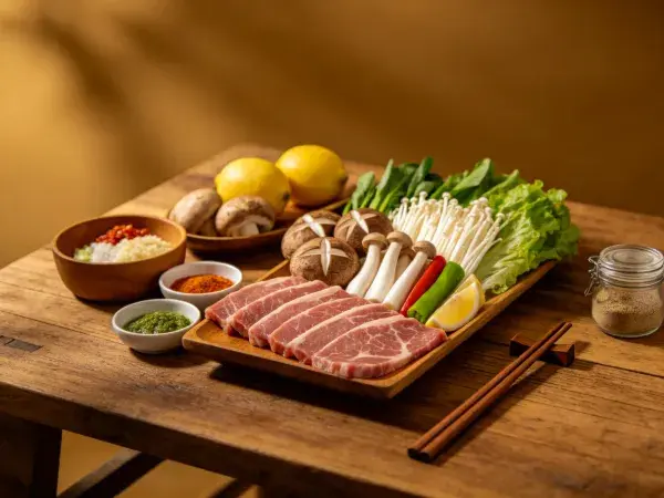 木桌上火锅食材陈列场景