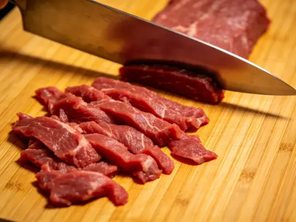 牛肉切片在砧板上的场景