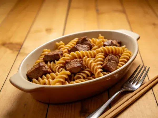 餐桌上的螺旋面炖肉摆盘