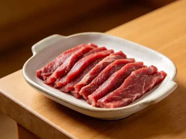牛肉切片摆放在陶瓷容器内