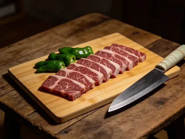 木质砧板上的肋眼肉切片
