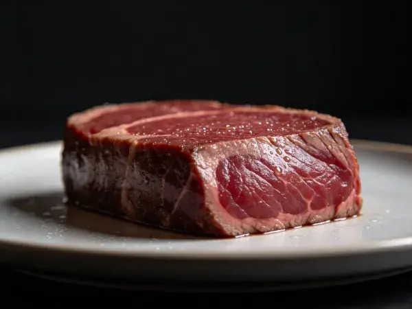 白色盘子里的牛里脊肉