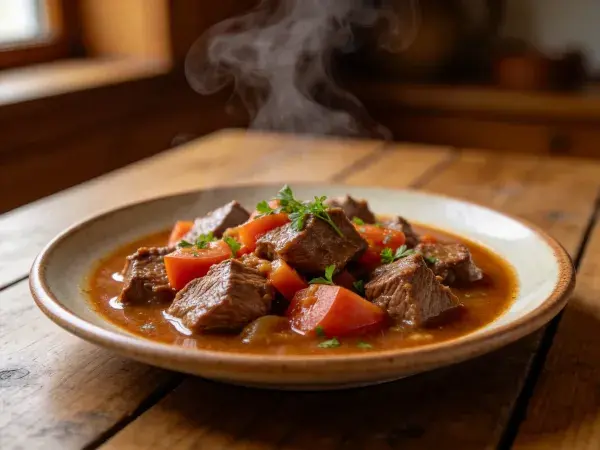 阳光明亮的木质桌面上的炖牛肉番茄料理场景