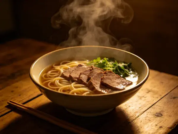 牛肉面碗摆放在木桌上