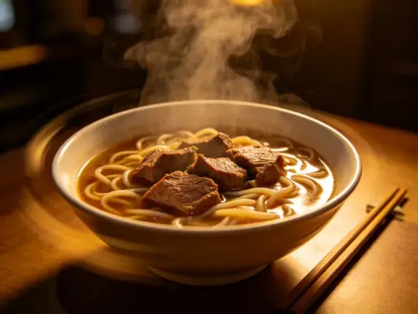 暖光下的牛肉面美食场景