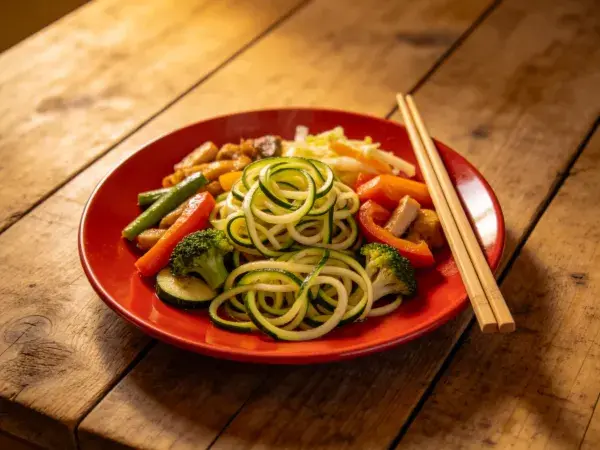 木桌上的健康时蔬螺旋意面料理