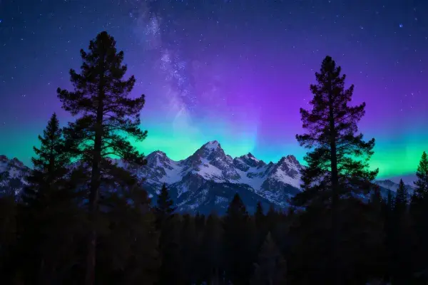高山极光雪山森林夜景