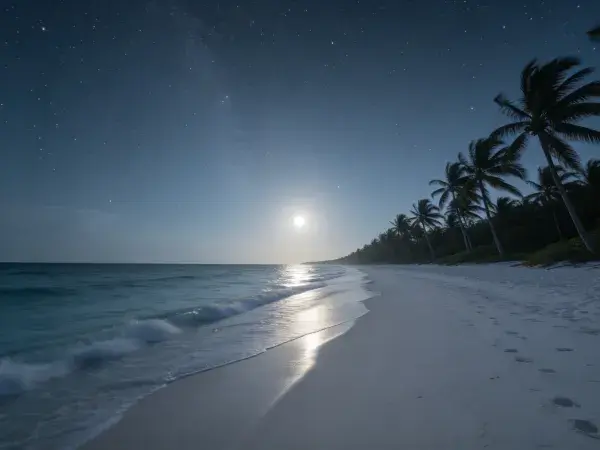 滨海椰树林月夜沙滩景象