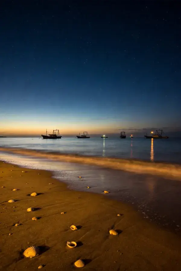 海滨渔船与沙滩贝壳夜景