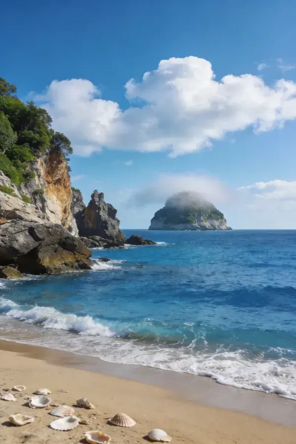 阳光下的海湾风光与沙滩贝壳场景