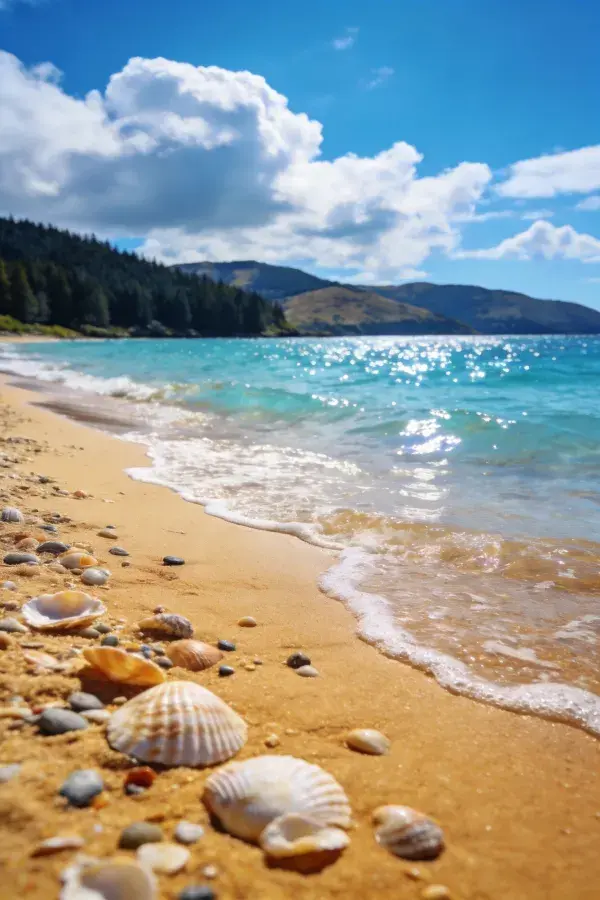 沙滩贝壳与海浪的细腻质感场景