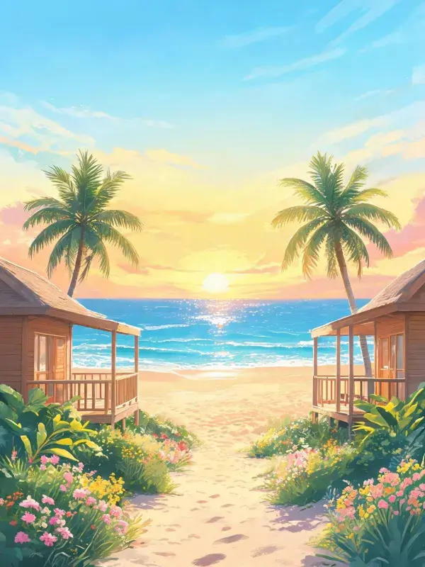 海滨度假木屋沙滩风光场景