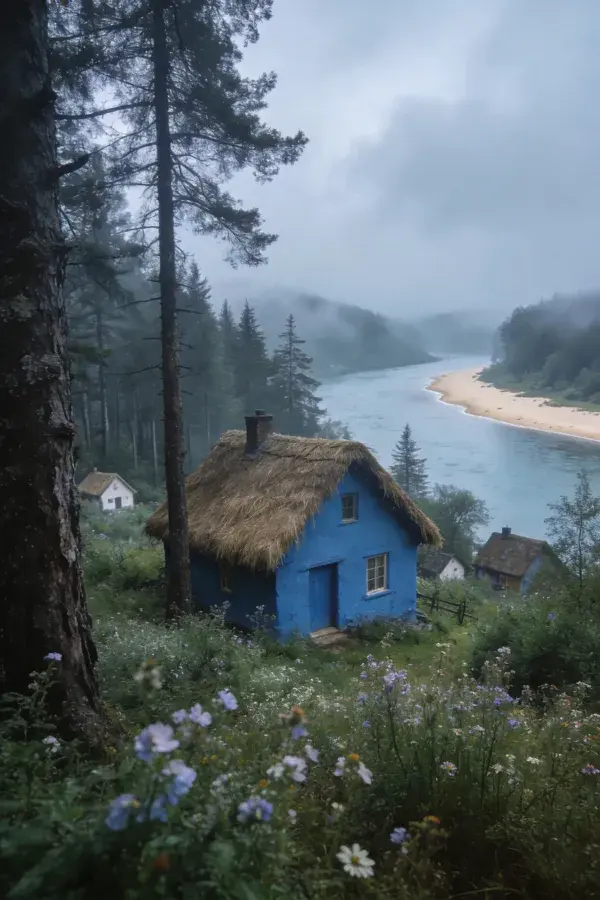 雾中河畔的茅草顶蓝色乡村小屋