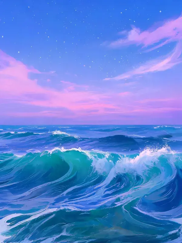 晚霞下的碧蓝海浪场景
