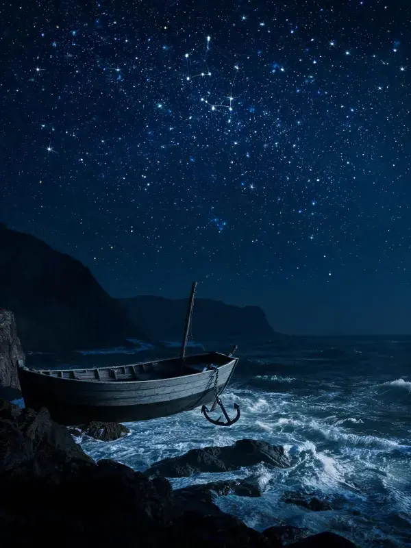 木制渔船与星空海岸夜景