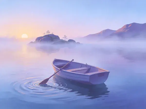 水域上的小划艇与晨雾山景