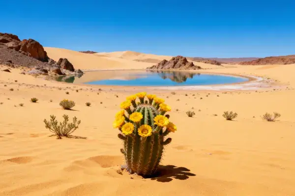 开花沙漠花盛仙人掌与沙丘水域景观