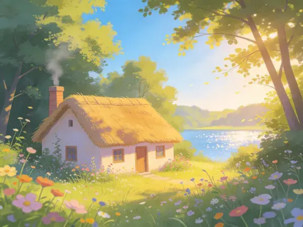 靠近水边的茅草顶乡村小屋景象