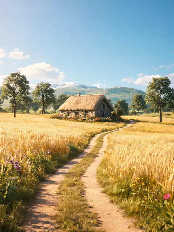 麦田间的石砌茅草屋乡村场景