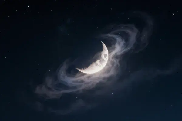 阴暗夜空中弯曲的月亮景象