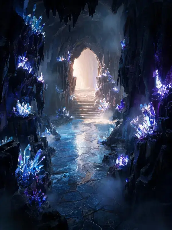 水晶洞穴内的神秘光影场景