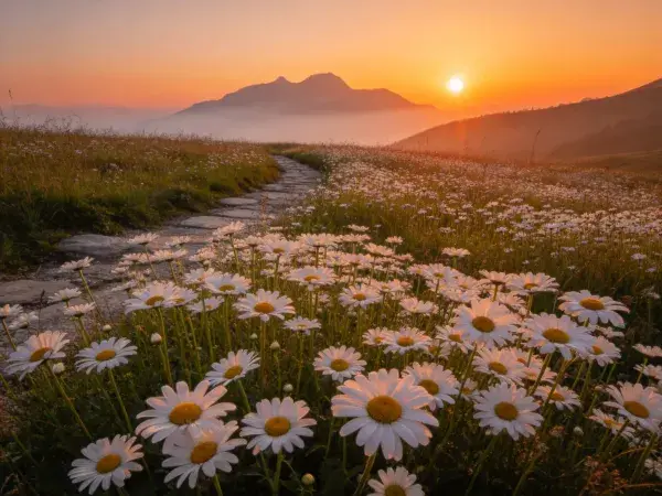 山地雏菊花海夕阳景观