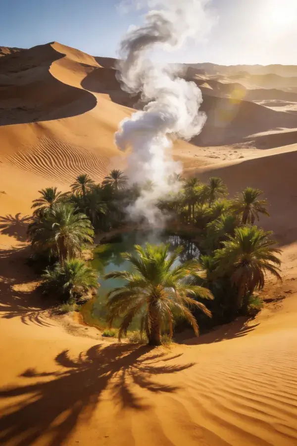 沙漠绿洲中的椰树林与水潭场景