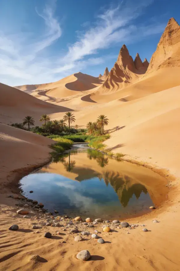 沙漠绿洲水潭与沙丘景观