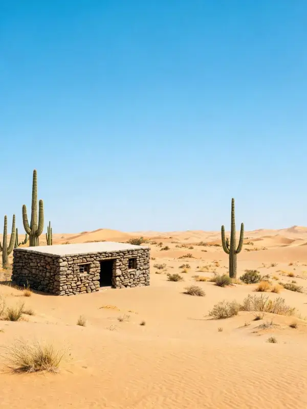 沙漠中石砌小屋与仙人掌景观
