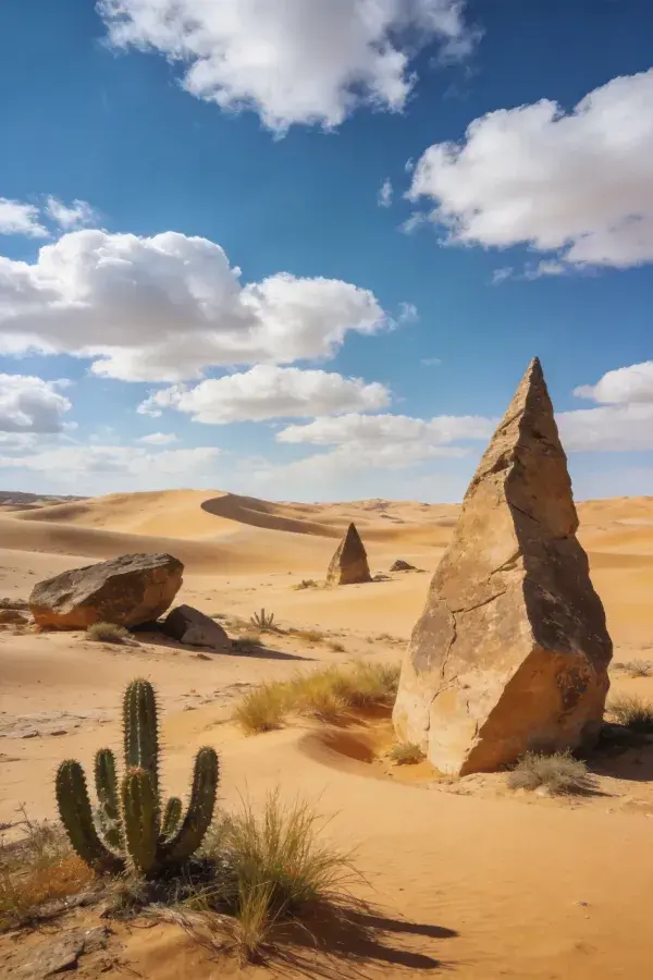 风沙中矗立的岩石与仙人掌场景