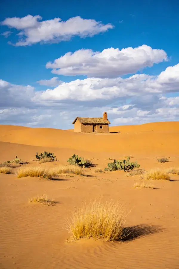 阿尔金沙漠中的土坯茅顶小屋场景