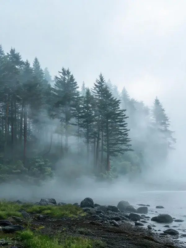 滨海雾林岩石岸边森林景观