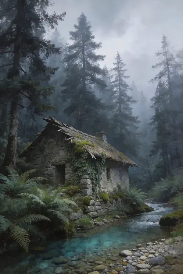 露出苔痕的山林古石屋