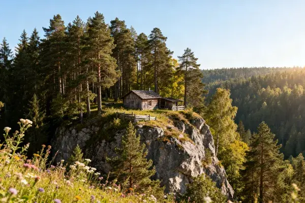 木质乡村小屋与山林悬崖景观