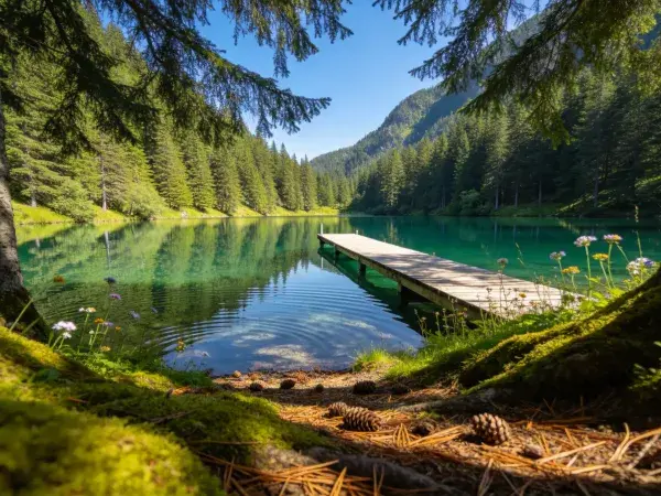 森林环抱的山间碧湖景象