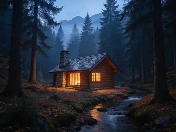 森林深处的原木小屋夜景