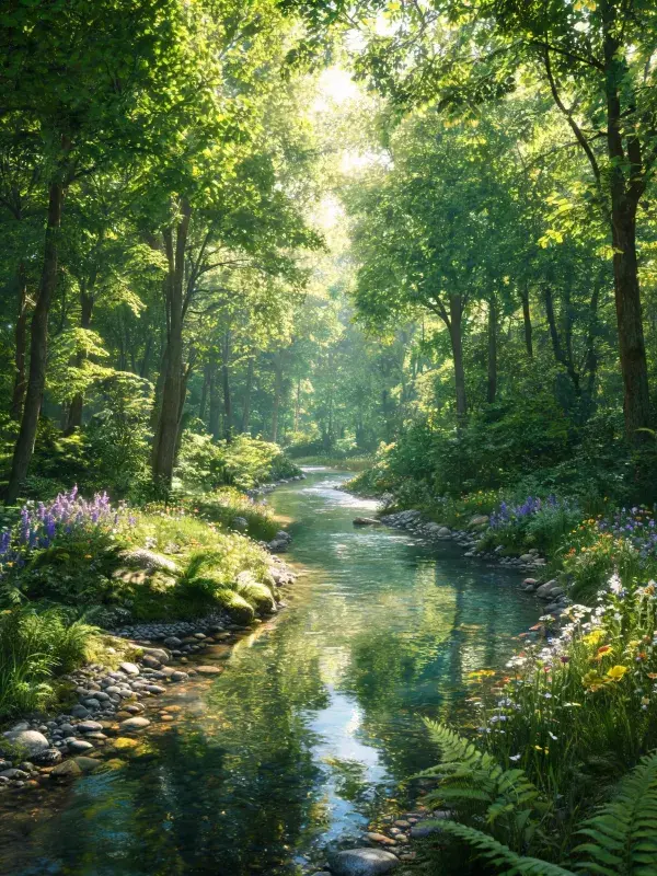 阳光穿透森林溪流景观