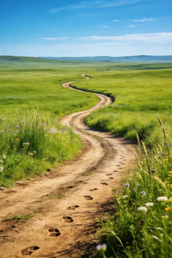 草原上的蜿蜒泥土道路景观