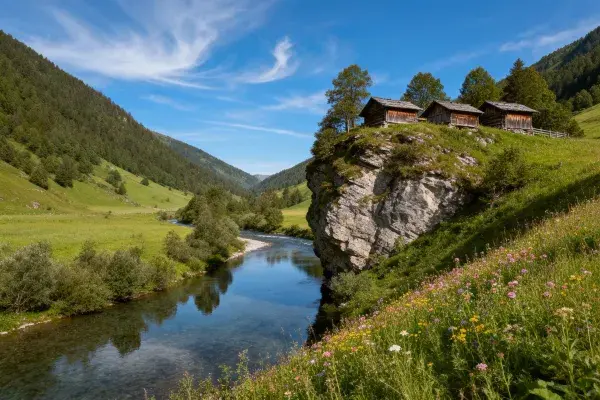 山地悬崖上的传统木屋与山水风光