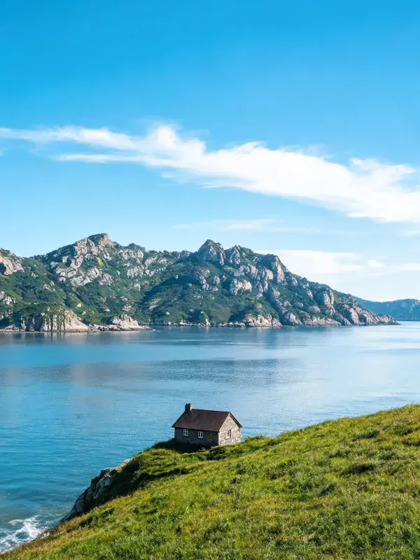 石砌小屋与山海风光场景